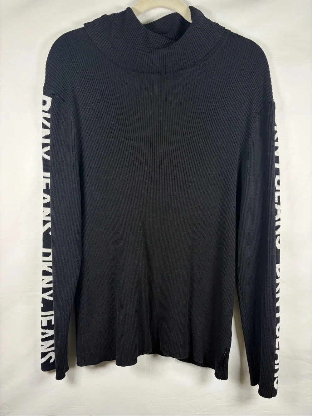 DKNY Jeans Black Ribbed Stretch Cowl Neck 2XL Sweater Large Casual Designer Logo